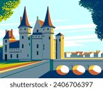 Medieval old gothic castle with a bridge, park and village in the background. Flat design. Vintage Poster.