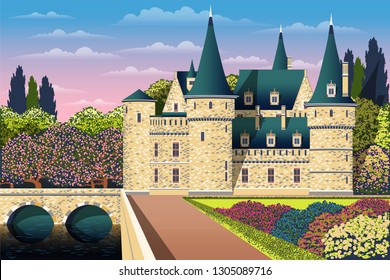 Medieval old gothic castle with a bridge, Park, flowering shrubs and trees. Flat design. Vintage Poster. All objects are grouped by layers. 