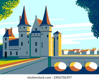 Medieval old gothic castle with a bridge, park and village in the background. Flat design. Vintage Poster.