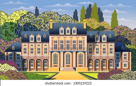 Medieval old mansion with garden, flowering shrubs and trees. Flat design. Vintage Poster. All objects are grouped by layers. 