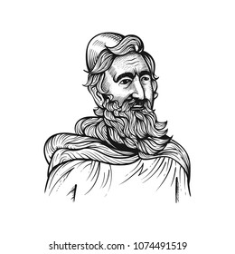 Medieval old rabbi in engraving style. Sketch with transparent background, vector illustration