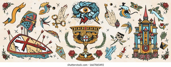 Medieval old school tattoo collection. Warrior crusader, sacred holy grail, ancient castle, occult hands, all seeing eye, sword and arrows. Middle age art. Traditional tattooing style 