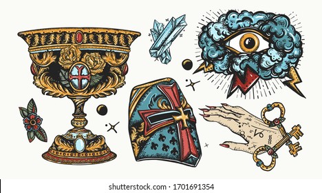 Medieval old school tattoo collection. Warrior crusader helmet, sacred holy grail, occult magic hands and all seeing eye. Middle age art. Traditional tattooing style 