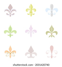 Medieval ornaments. Wedding and romantic fleur de lis decorations set. Lis flower heraldic, royalty and french  collection. Antique flourishes. History and middle age decorations.