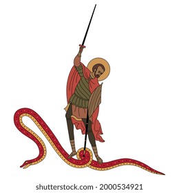Guerrero de santo ortodoxo medieval combatiendo la serpiente con una espada.