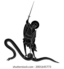 Medieval Orthodox saint warrior fighting the serpent with a sword. Black and white negative silhouette.