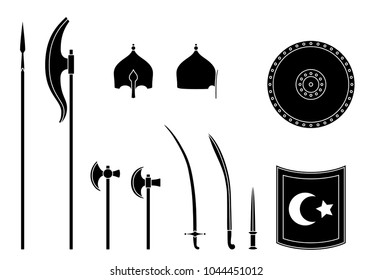Medieval osman weapons and armors set. Osman turkish warrior equipment. Sabre, dagger, axe, spear, pike, helmet shield Vector illustration