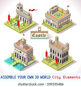 Medieval palace Building Tile Online Strategic android video game Development. Medieval kingdom Isometric house Building Castle Vector 3D. Flat Castle Building Antique map puzzle Icon Set Collection