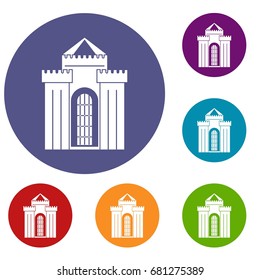 Medieval palace icons set in flat circle red, blue and green color for web
