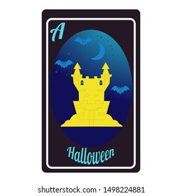 The medieval palace at night against the background of stars and the moon, bats - Halloween symbols are depicted on a playing card denoting an ace.