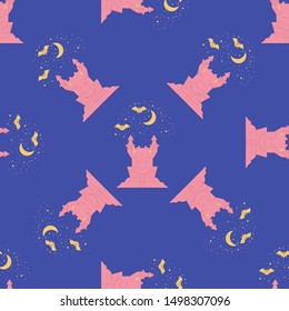 Medieval palace at night against the background of stars and the moon, bats.
