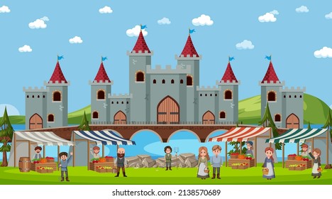 Medieval palace scene in cartoon style illustration