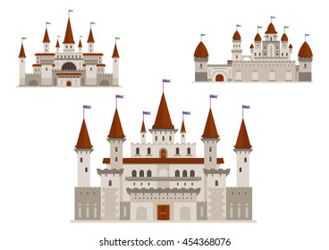 Medieval palaces or royal castles, ancient fort or residential mansion with towers and spires with flags, antique gate. Buildings in cartoon style for history or childish, fairytale books design