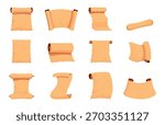Medieval papyrus scrolls. Parchment scroll manuscripts and old papers for letters, diploma, certificate. Ancient aged treasure map sapid empty vector template
