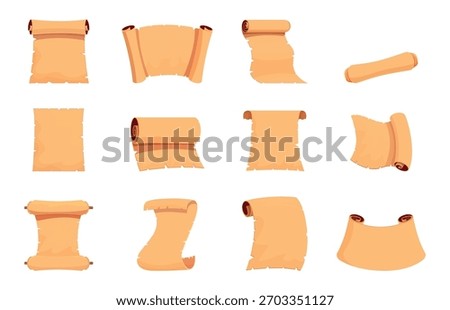 Medieval papyrus scrolls. Parchment scroll manuscripts and old papers for letters, diploma, certificate. Ancient aged treasure map sapid empty vector template