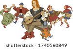 Medieval party. Engraved style.  Vector illustration  For Wallpaper, Banner, Background, Card, Book, Mural, Illustration, landing page, cover, placard, poster, banner, flyer 