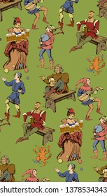 Medieval party. Seamless pattern. Engraved style. Vector illustration. Suitable for fabric, wrapping paper and the like