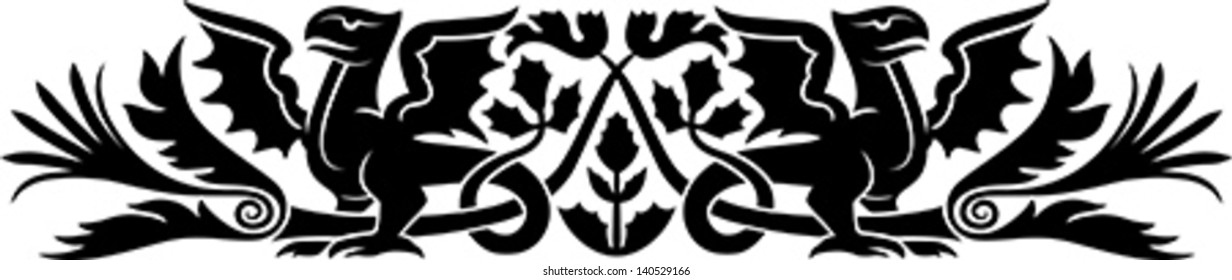 Medieval pattern with bizarre creatures look like dragons and thistle as a Scotch national symbol. Good as an armband tattoo.