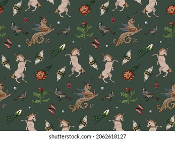 Medieval pattern. Magical elements, mystical creatures, flowers, unicorn, griffin, thistle. Suitable for packaging, fabric, prints