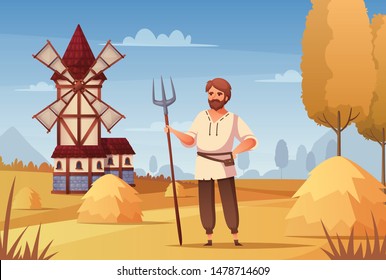 Medieval Peasant Cartoon Background With Windmill And Labor Symbols Vector Illustration