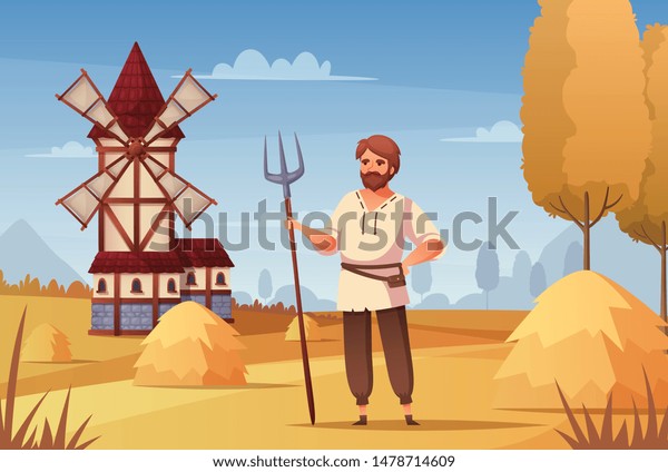 Medieval Peasant Cartoon Background Windmill Labor: เวกเตอร์สต็อก (ปลอด