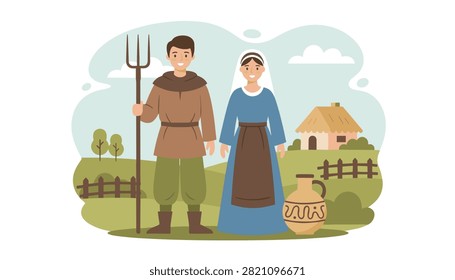 Medieval peasant couple with a man holding a pitchfork and a woman in a blue gown standing in front of their cottage.