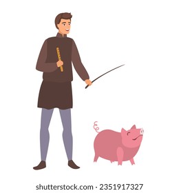 Medieval peasant with pig. Farmer occupation in middle ages cartoon vector illustration