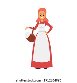 Medieval peasant woman with basket. Ancient female farmer in traditional clothing. Rural girl middle ages era. Flat cartoon vector illustration isolated on a white background.