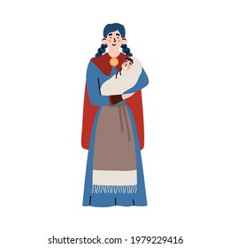 Medieval peasant woman with child in historical european costume, flat vector illustration isolated on white background. Ancient historical middle ages period personage.