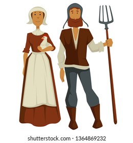 Medieval peasants family man and woman isolated characters vector wife in dress and apron holds chicken or hen and husband with forks ancient farmers or agricultural workers villagers or rural people.