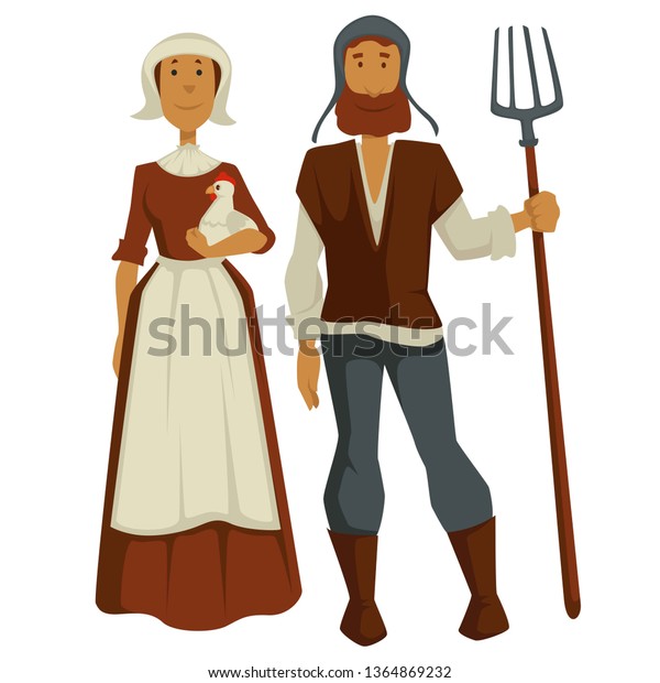 中世の農民の家族の男女の人物がベクターの服を着たベクター画像の妻に鶏や鶏が フォークの農民や農民 農村の人々が夫を持つ のベクター画像素材 ロイヤリティフリー