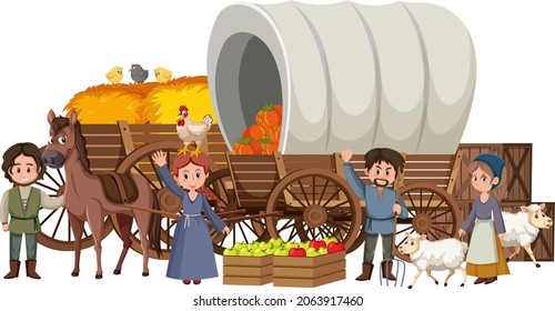 Medieval peasants with haystack in a cart illustration
