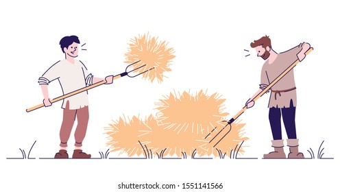 Medieval peasants stacking hay flat vector illustration. Farmers with pitchforks isolated cartoon characters with outline elements on white background. Ancient harvesting and agriculture