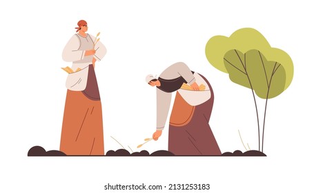 Medieval peasants working at farm. Women farmers collecting harvest, spikelets. Ancient agriculture. Historic workers village life. Flat vector illustration isolated on white background