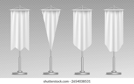 Medieval pennant banner set on stands - white blank fabric flags with different shapes and edges hanging from metal poles for castle decoration, tournament display or historical event mockup designs.