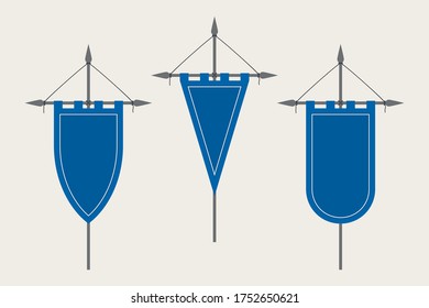 Medieval Pennant Hanging on Flagpole. Set of Blank Flags. Blue Template Banner and Poster Vector Mockup