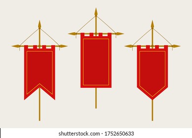 Medieval Pennant Hanging on Flagpole. Set of Blank Flags. Red Template Banner and Poster Vector Mockup