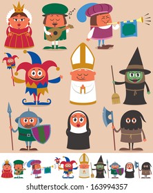 Medieval People 2: Set of 9 cartoon medieval characters. Below are the same characters customized for white background. No transparency and gradients used. 