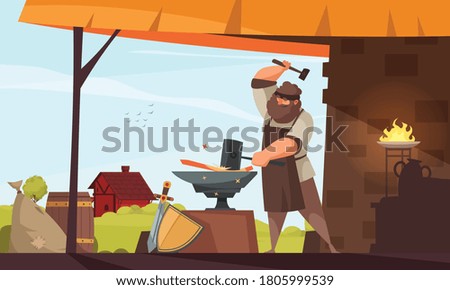Medieval people blacksmith composition large muscular man forges iron object in the smithy vector illustration