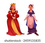 Medieval people cartoon character set. Vector illustration of queen in red dress and golden crown, and peasant girl in poor clothes. Ancient female fairy tale person. middle age royal and farmer woman