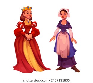 Medieval people cartoon character set. Vector illustration of queen in red dress and golden crown, and peasant girl in poor clothes. Ancient female fairy tale person. middle age royal and farmer woman