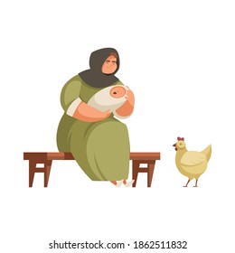 Medieval people cartoon icon with peasant woman with baby and hen vector illustration