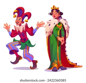 Medieval people character cartoon vector set. Young woman queen or princess with crown in long dress and funny smiling male jester in clown costume. Ancient middle age history or fairytale person.