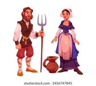 Personaje de personas medievales hombre y mujer conjunto de Vector. Disfraz de cuento de hadas de mediana edad para niña y hombre campesino. Antigua colección europea de vestimenta humana. Feliz histórico joven agricultor aislado icono