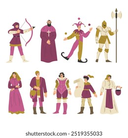 Medieval People Character in Standing Pose Wear European Costume Vector Set