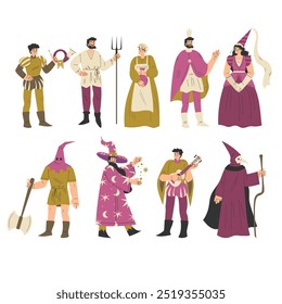 Medieval People Character in Standing Pose Wear European Costume Vector Set