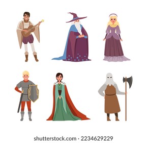 Medieval People Characters with Bard, Wizard, Queen and Executioner in Mask Vector Illustration Set