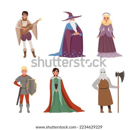 Medieval People Characters with Bard, Wizard, Queen and Executioner in Mask Vector Illustration Set