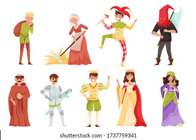 Medieval People Characters with Churchman and Peasant Working in the Field Vector Set