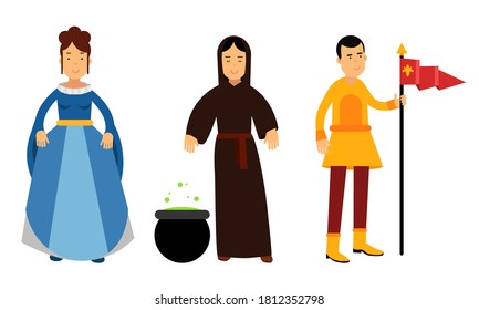 Medieval People Characters with Court Lady and Witch Vector Illustration Set